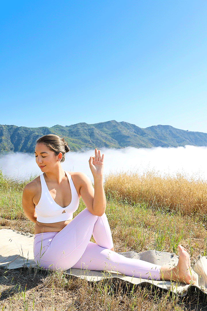 A woman sitting on a yoga mat in a field with mountains in the background.